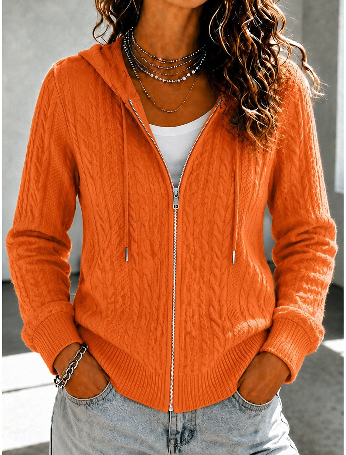 Dorte | Cable Knit Ribbed Zip-Up Hooded Cardigan for Women