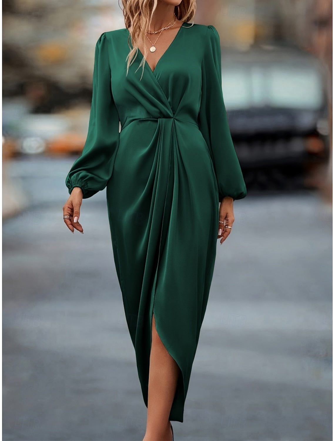 Kristin | Wrap Draped Satin Midi Dress with V-Neck for Women