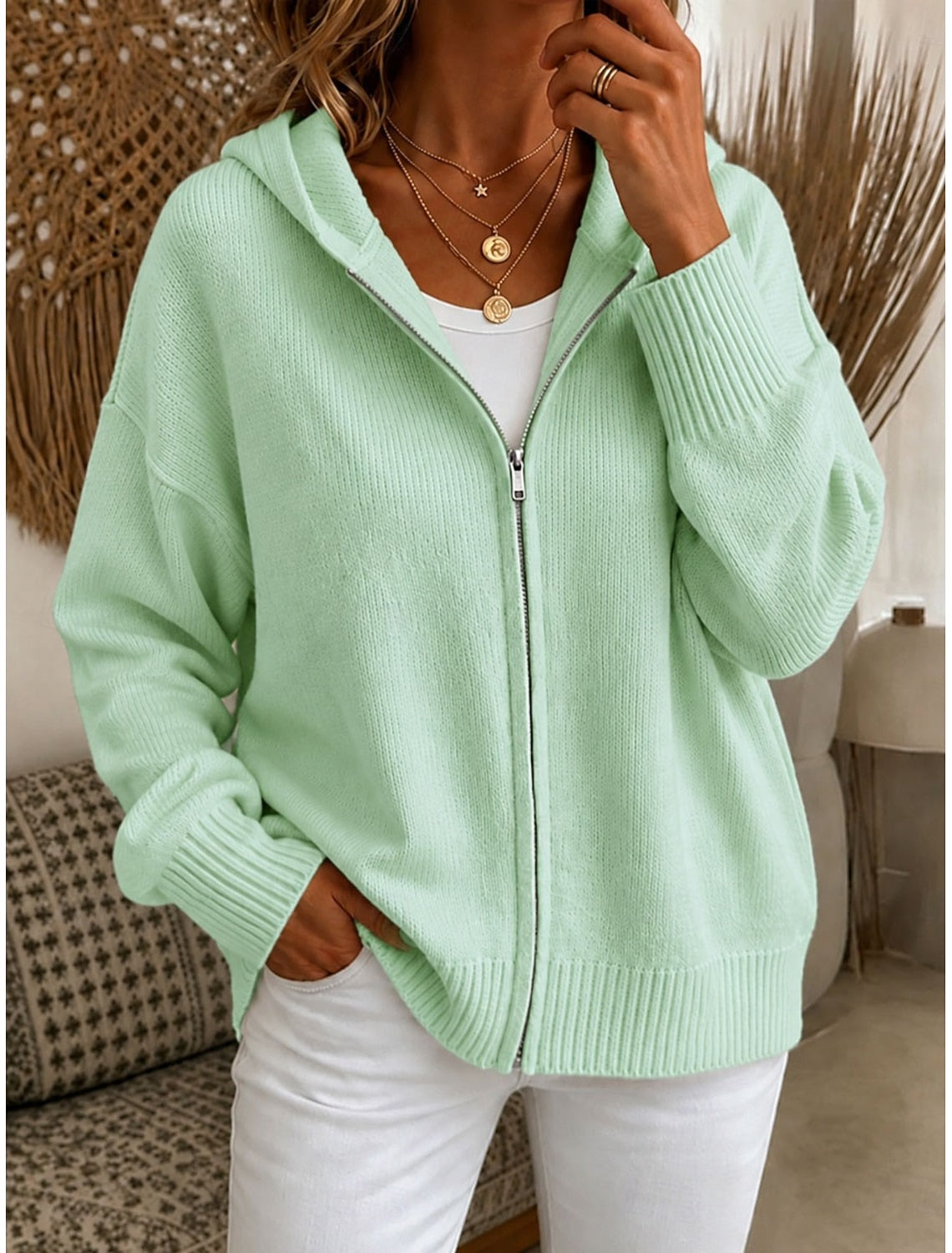 Elin | Ribbed Knit Zip-Up Hooded Cardigan for Women
