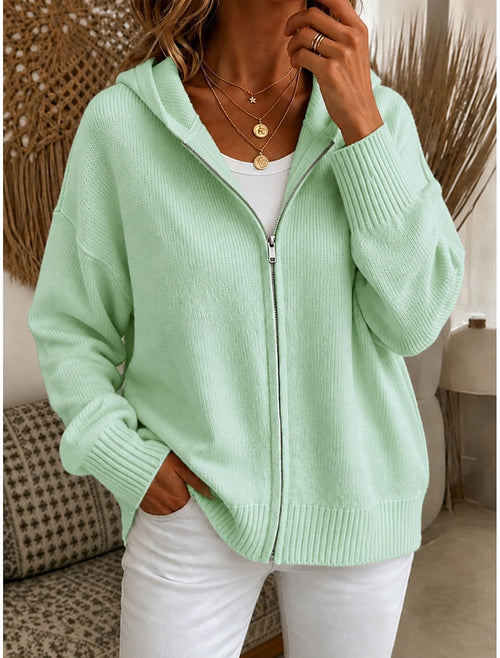 Elin | Ribbed Knit Zip-Up Hooded Cardigan for Women