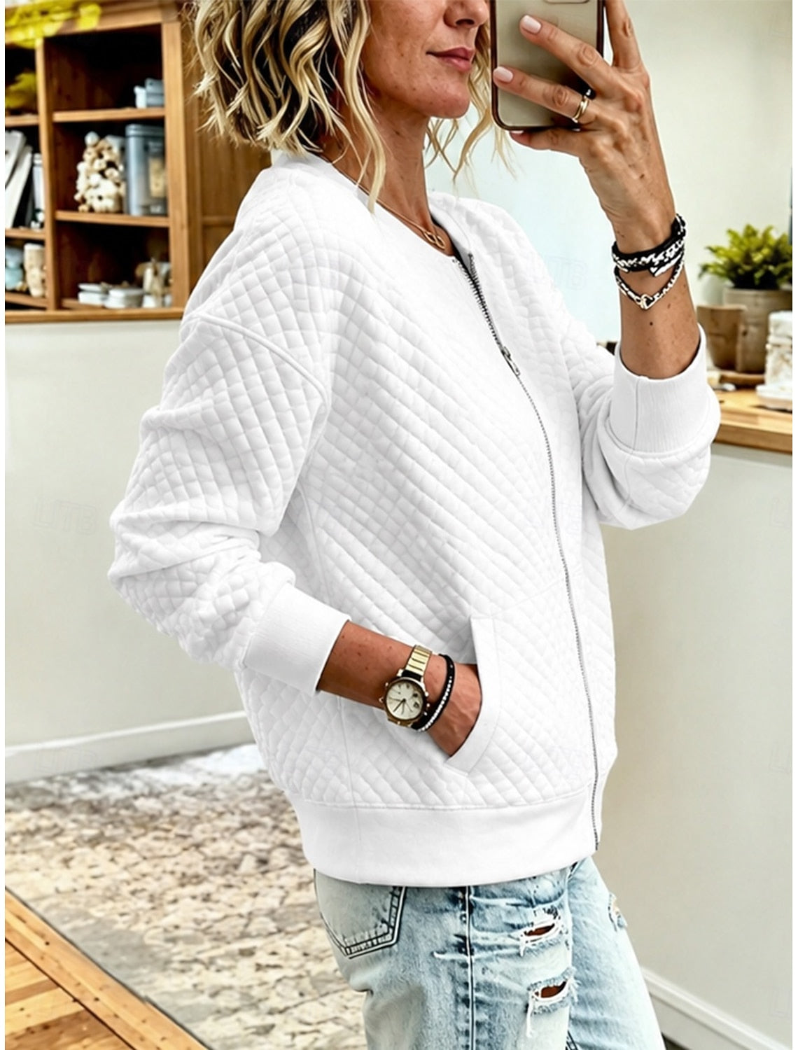 Eliane | Quilted Zip-Front Crew Neck Cardigan for Women
