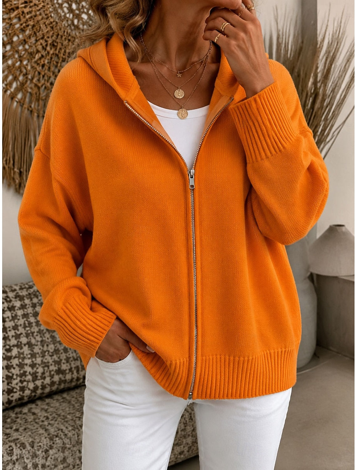 Elin | Ribbed Knit Zip-Up Hooded Cardigan for Women