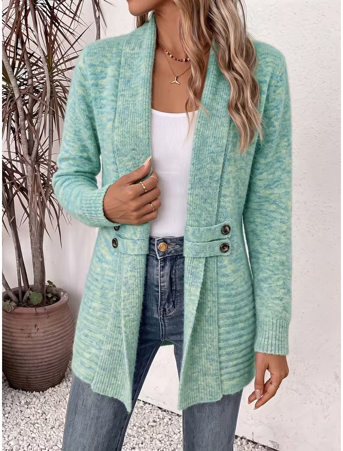 Gaia | Ribbed Knit Longline Cardigan with Button Tabs for Women