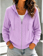 Dorte | Cable Knit Ribbed Zip-Up Hooded Cardigan for Women