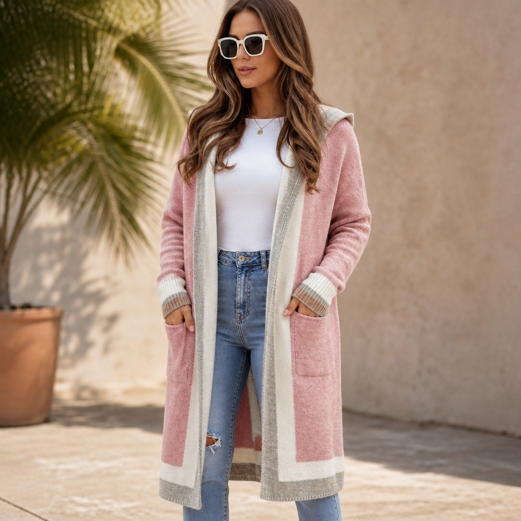 Amalia Color-Block Hooded Long-Line Cardigan for Women