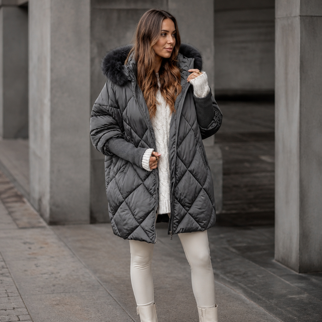Andrea Oversized Quilted Puffer Parka with Fur Hood for Women