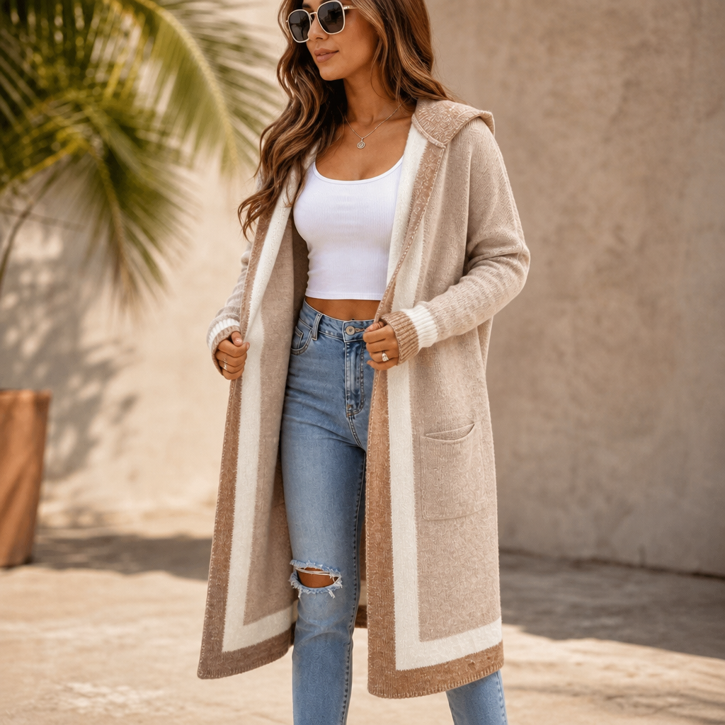 Amalia Color-Block Hooded Long-Line Cardigan for Women