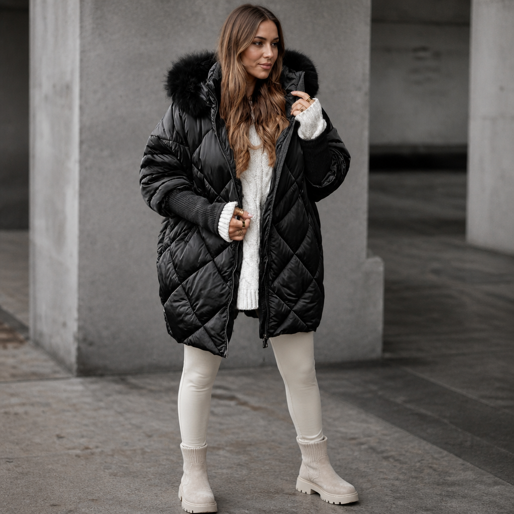 Andrea Oversized Quilted Puffer Parka with Fur Hood for Women