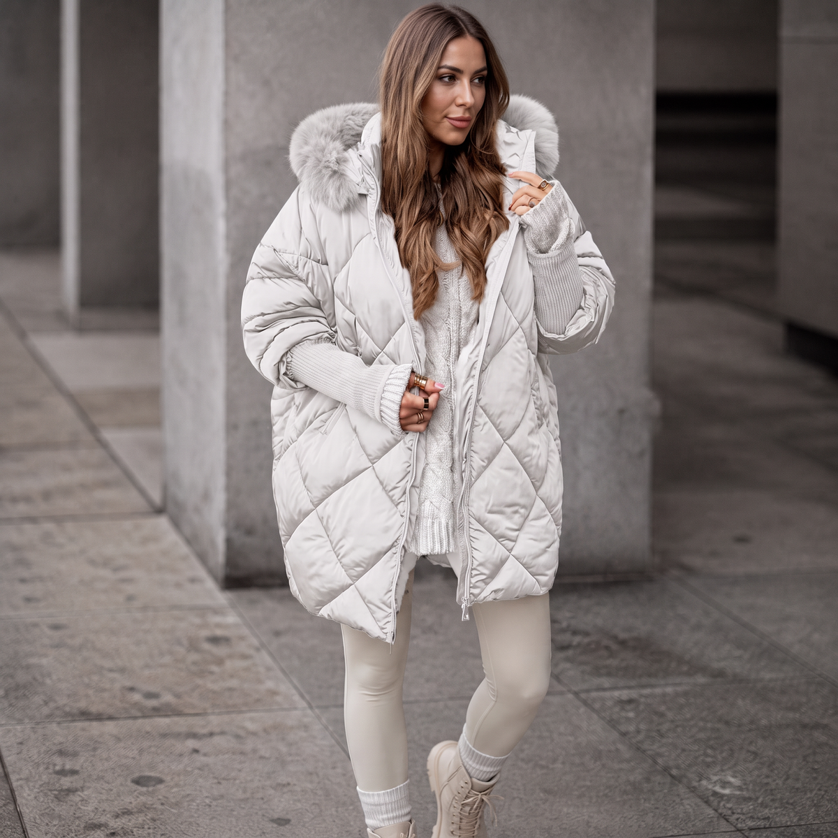 Andrea Oversized Quilted Puffer Parka with Fur Hood for Women