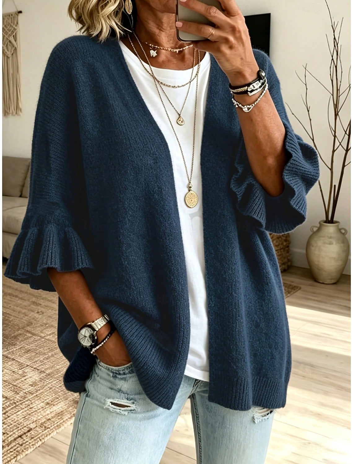 Franziska | Ribbed Open-Front Ruffle-Sleeve Cardigan for Women