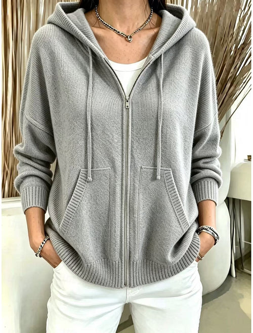 Elise | Ribbed Knit Zip-Front Hooded Cardigan for Women