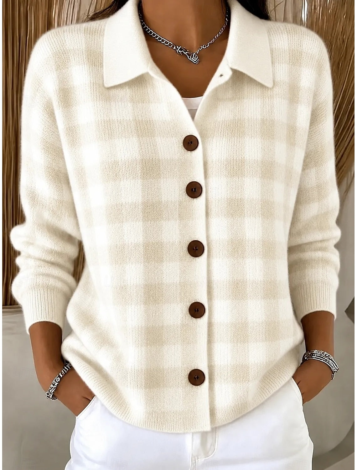 Dilara | Plaid Button-Front Ribbed Cardigan for Women