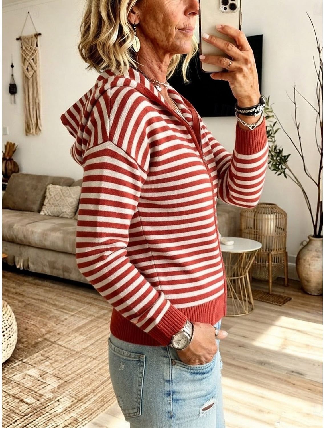 Flora | Striped Ribbed Hooded Zip Cardigan for Women