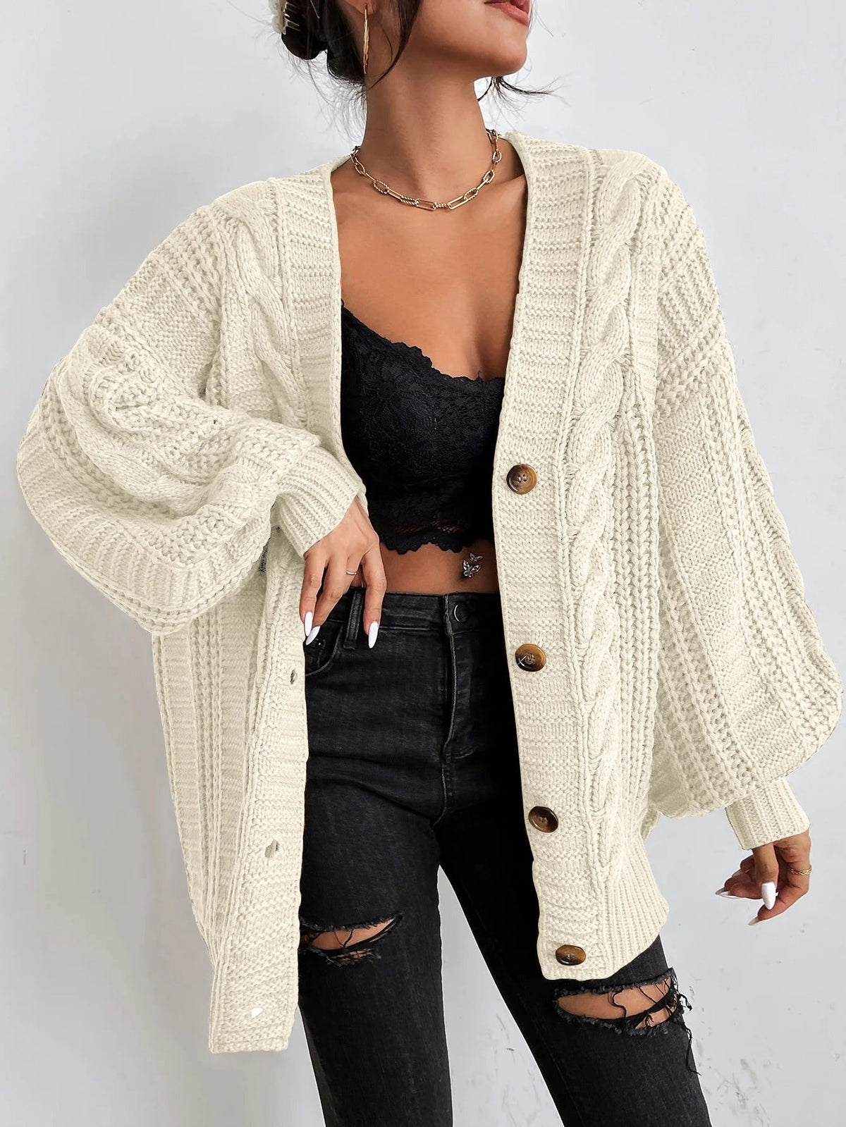 Iris | Cable Knit Oversized Cardigan with Button Front