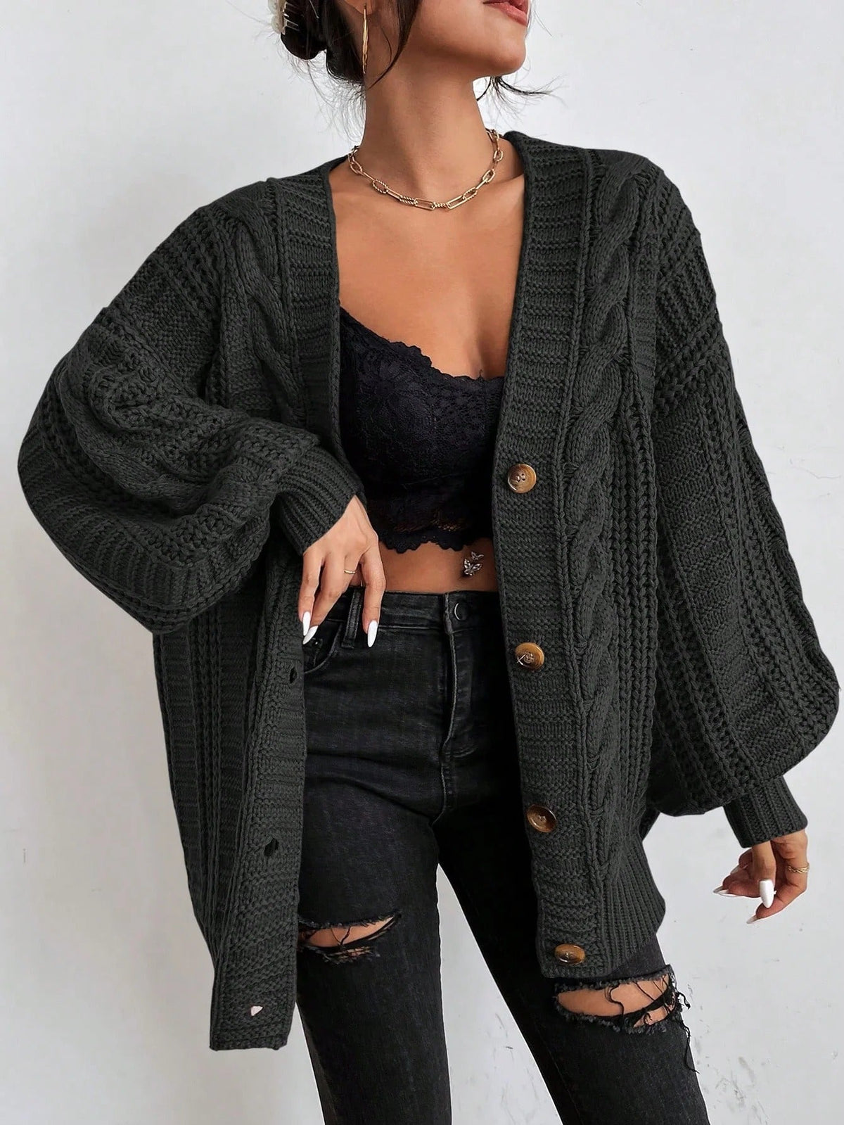 Iris | Cable Knit Oversized Cardigan with Button Front