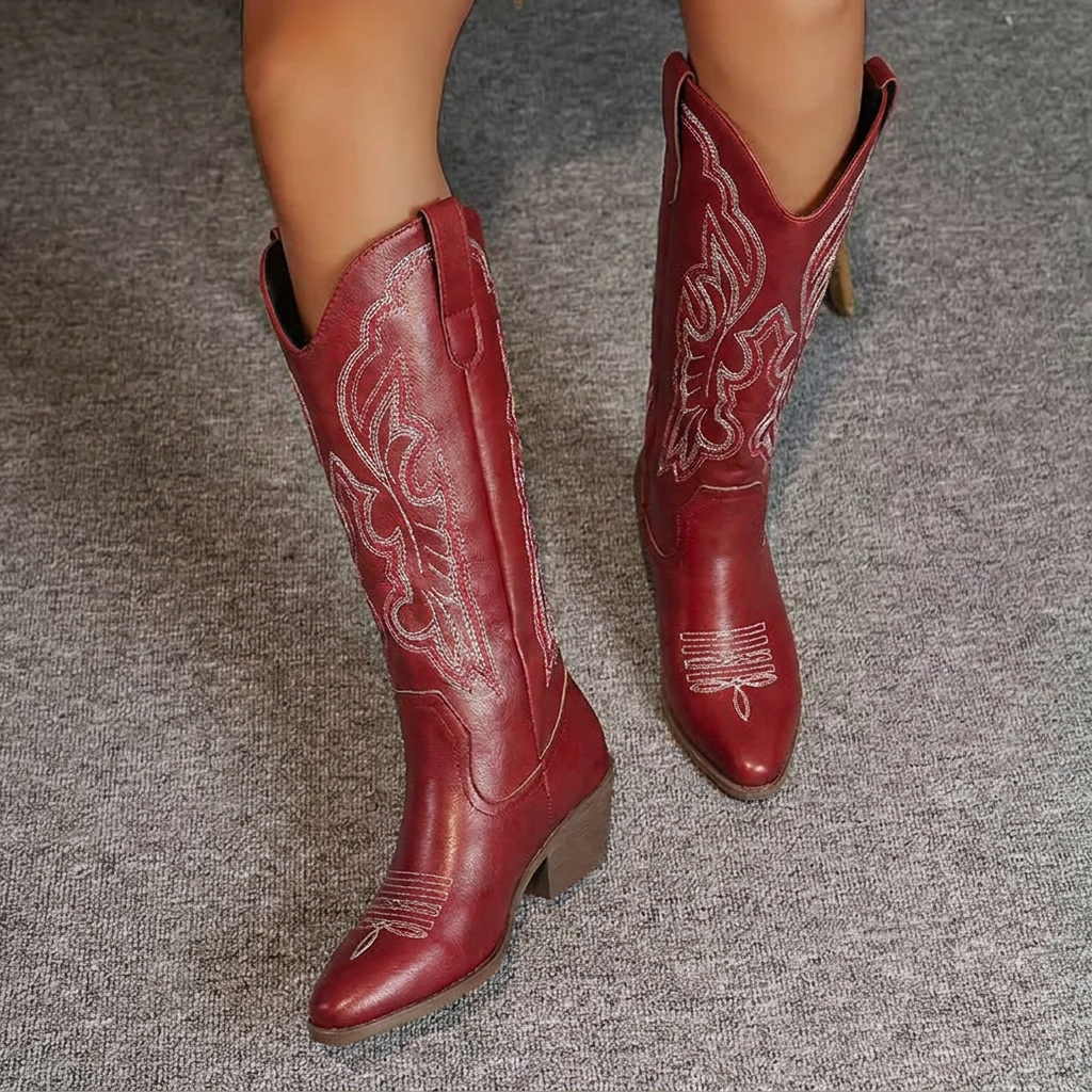 Gerda | Embroidered Knee-High Cowgirl Boots with Block Heel