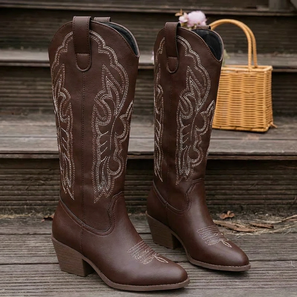 Gerda | Embroidered Knee-High Cowgirl Boots with Block Heel