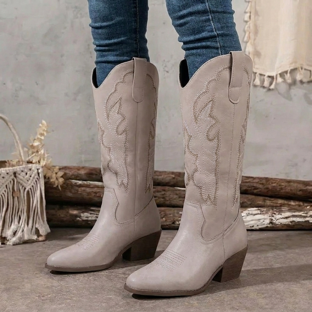 Gerda | Embroidered Knee-High Cowgirl Boots with Block Heel