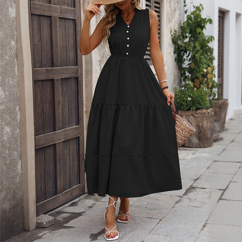 Wilhelmina | Tiered Stand-Collar Sundress with Button-Front