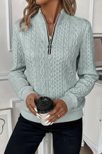 Celeste | Cable Knit Half-Zip Sweater with Ring Pull and Ribbed Hem