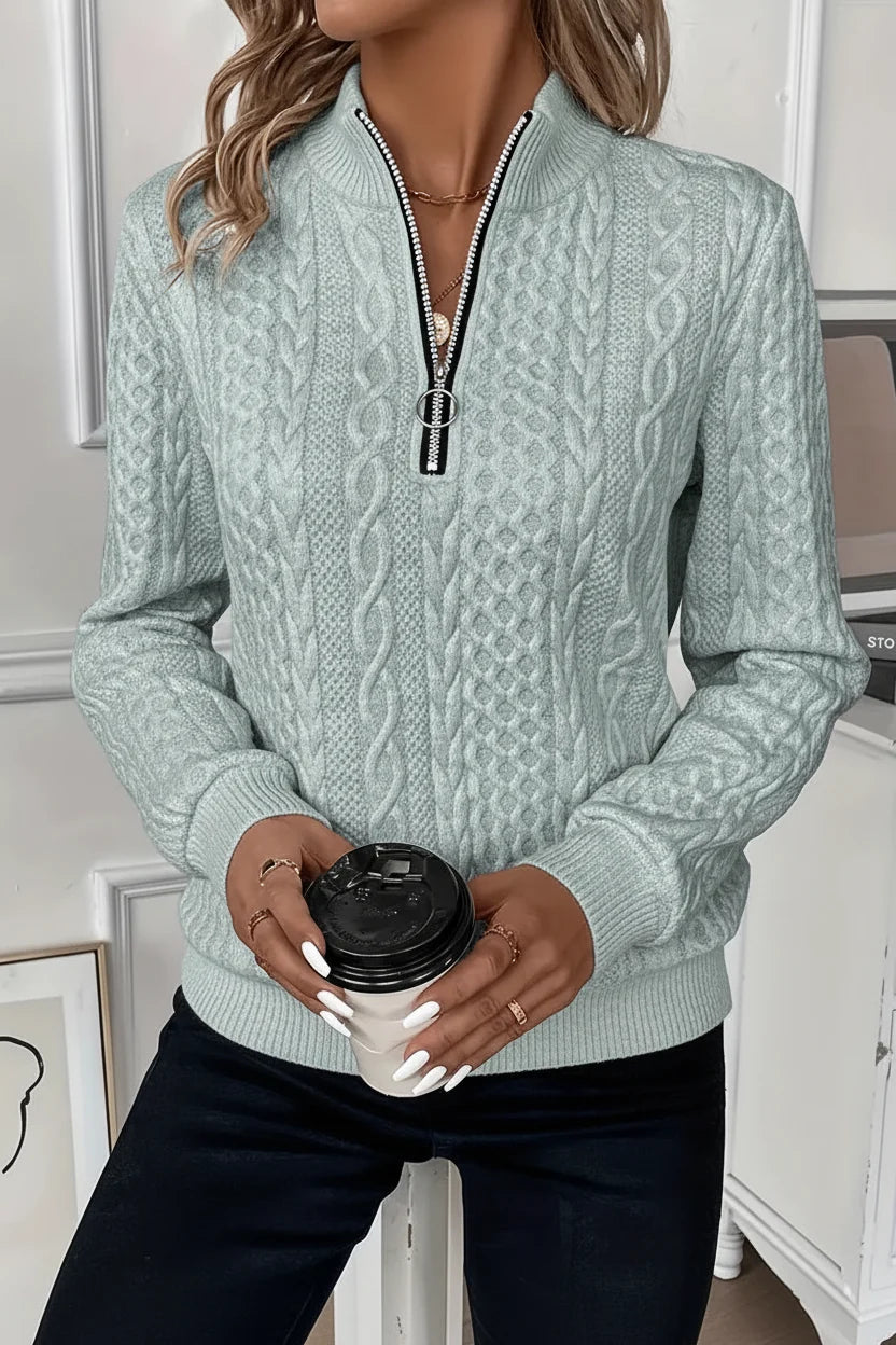Celeste | Cable Knit Half-Zip Sweater with Ring Pull and Ribbed Hem