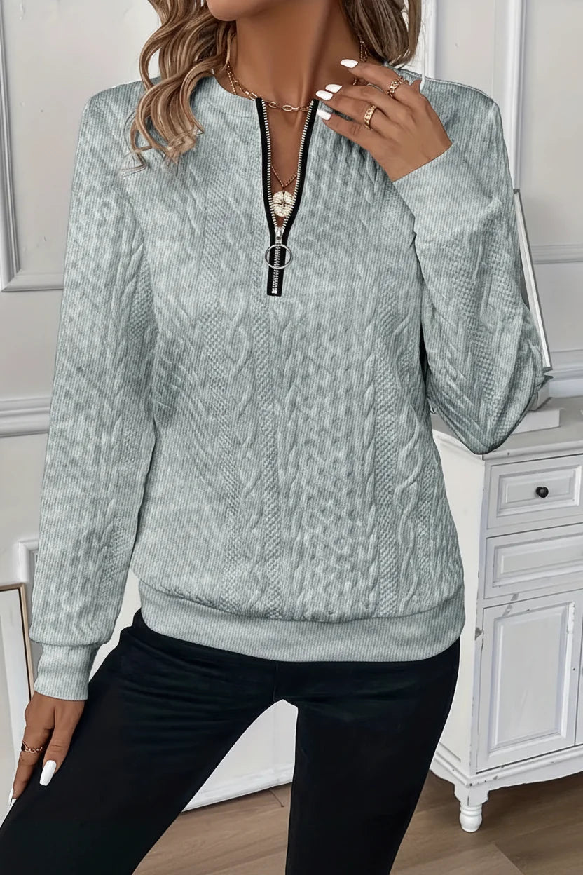 Celeste | Cable Knit Half-Zip Sweater with Ring Pull and Ribbed Hem