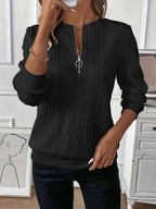 Celeste | Cable Knit Half-Zip Sweater with Ring Pull and Ribbed Hem