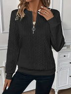 Celeste | Cable Knit Half-Zip Sweater with Ring Pull and Ribbed Hem