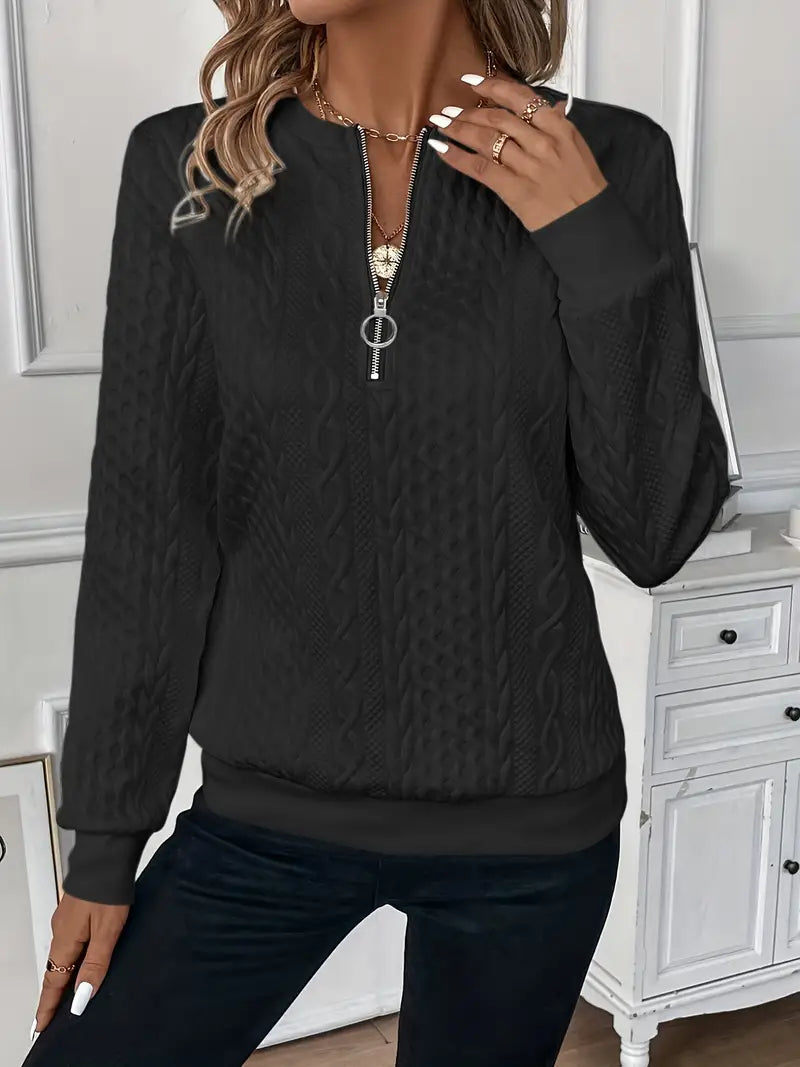 Celeste | Cable Knit Half-Zip Sweater with Ring Pull and Ribbed Hem