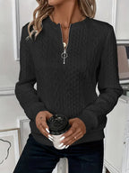 Celeste | Cable Knit Half-Zip Sweater with Ring Pull and Ribbed Hem