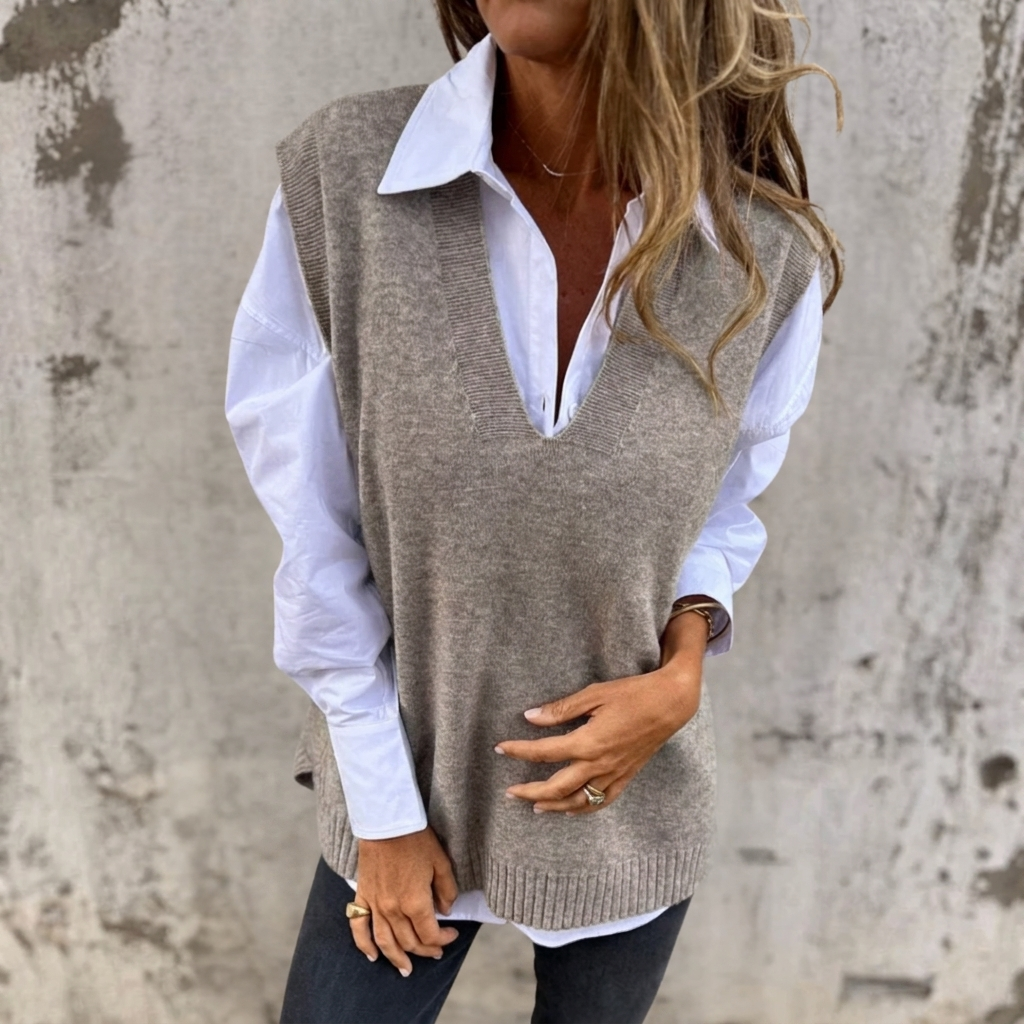 Runaa | Ribbed V-Neck Oversized Knit Sweater Vest for Women