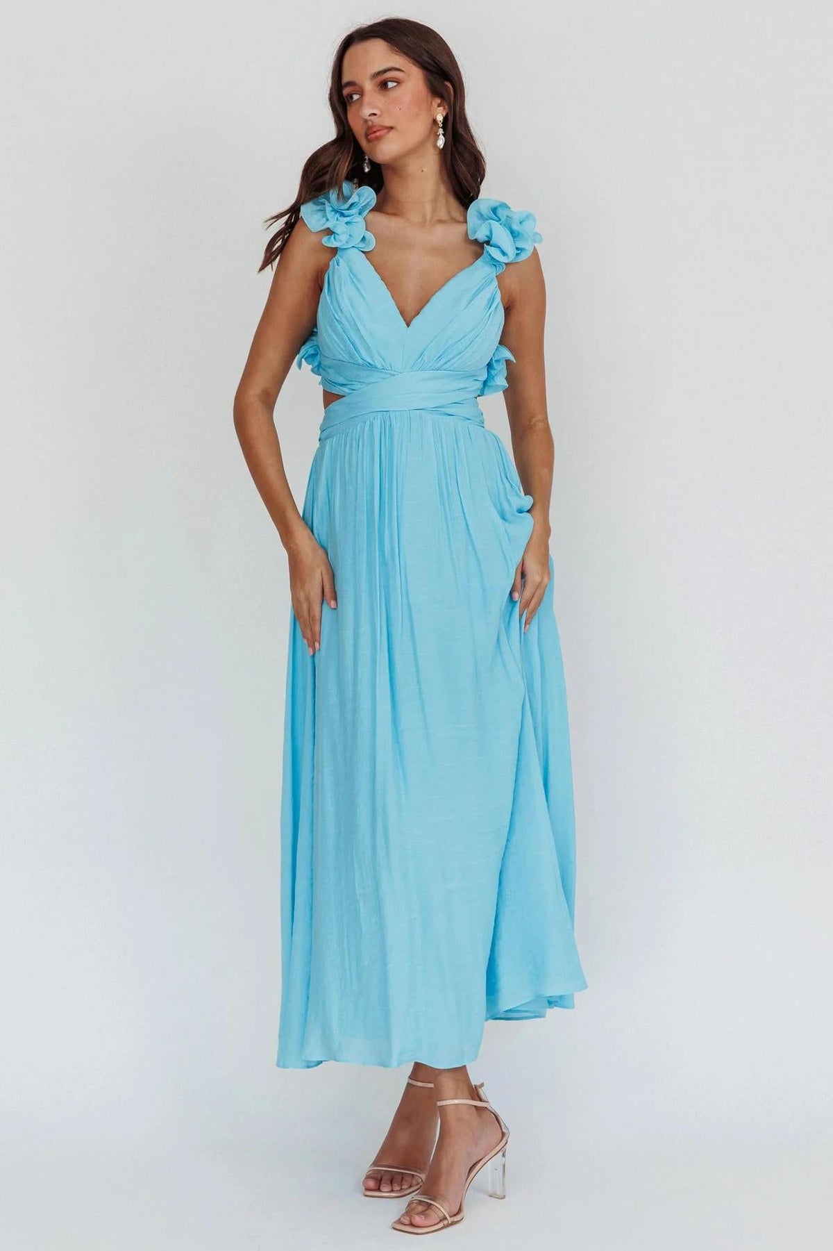 Thea | V-Neck Ruffle-Strap Maxi Dress with Cutout Waist for Women