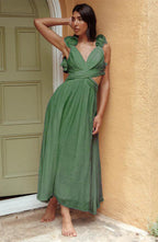 Thea | V-Neck Ruffle-Strap Maxi Dress with Cutout Waist for Women