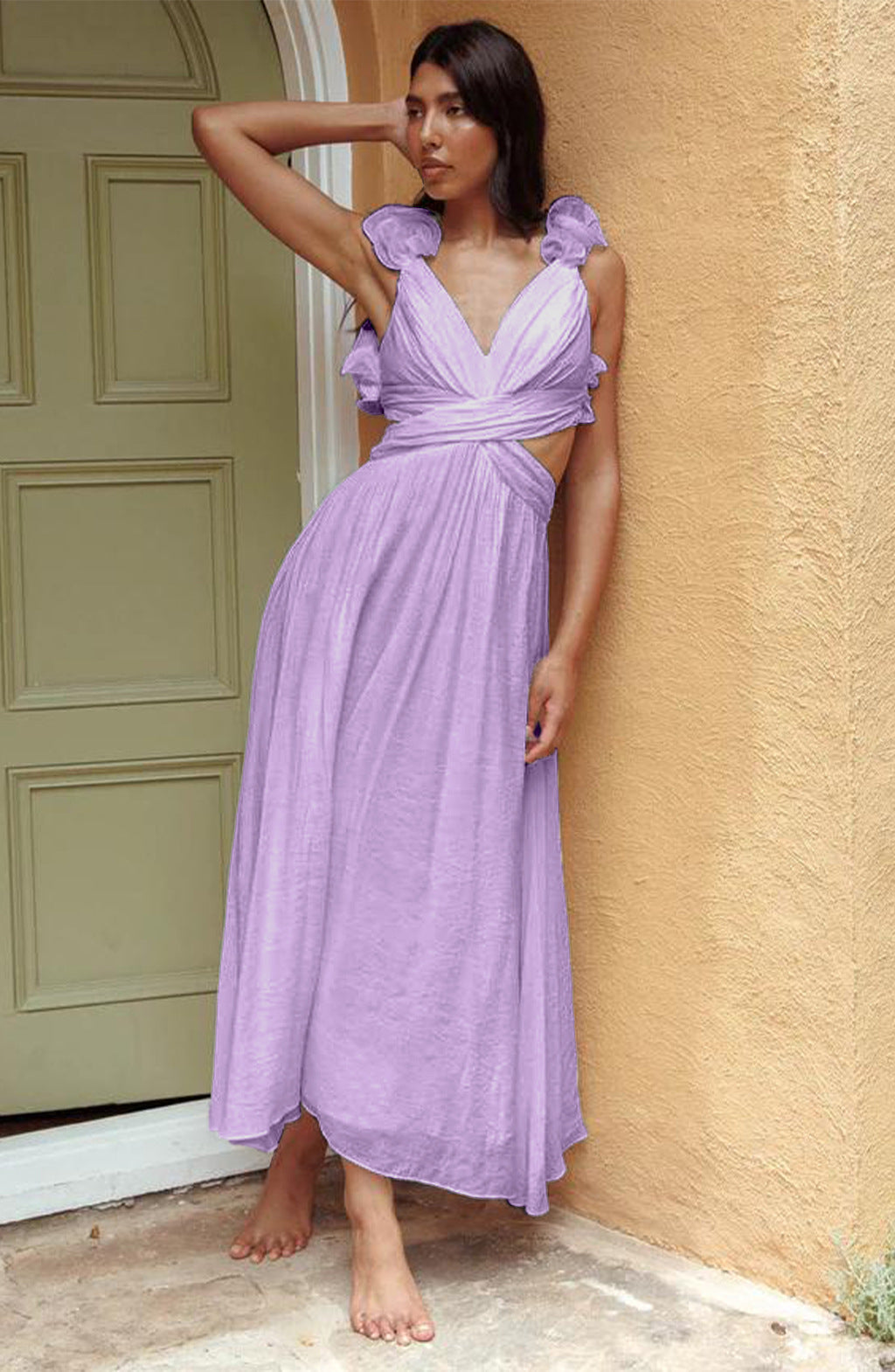 Thea | V-Neck Ruffle-Strap Maxi Dress with Cutout Waist for Women