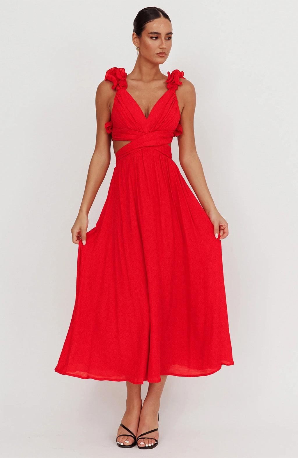 Thea | V-Neck Ruffle-Strap Maxi Dress with Cutout Waist for Women