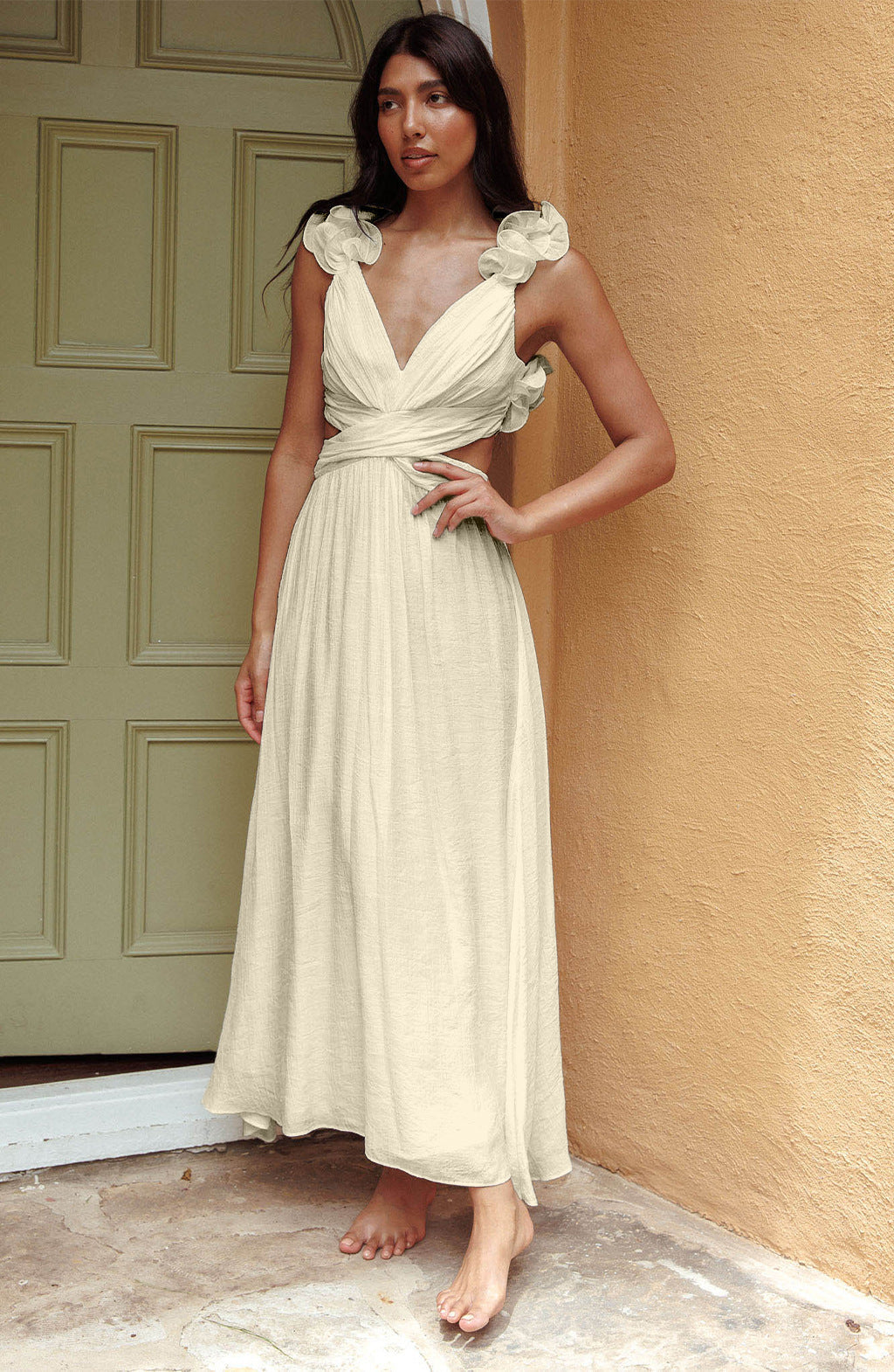 Thea | V-Neck Ruffle-Strap Maxi Dress with Cutout Waist for Women