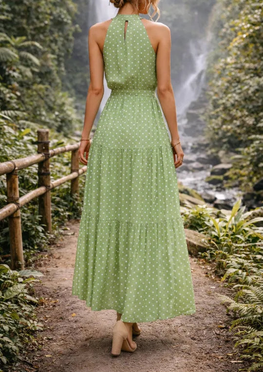 Vera | Polka Dot Halter Maxi Dress with Tie-Waist for Women