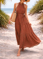 Vera | Polka Dot Halter Maxi Dress with Tie-Waist for Women