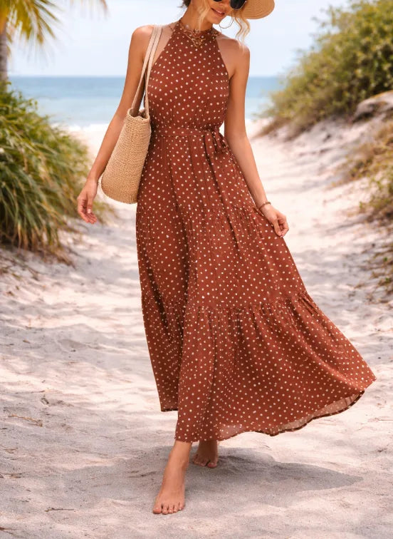 Vera | Polka Dot Halter Maxi Dress with Tie-Waist for Women