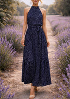 Vera | Polka Dot Halter Maxi Dress with Tie-Waist for Women