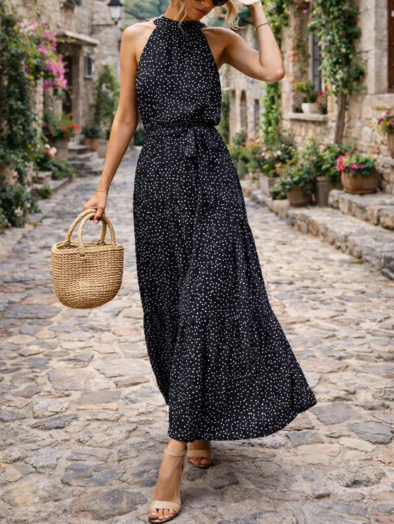 Vera | Polka Dot Halter Maxi Dress with Tie-Waist for Women