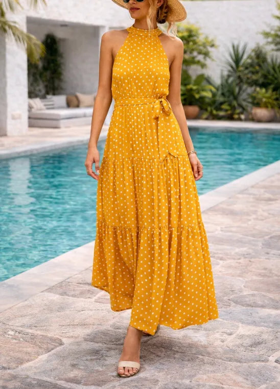 Vera | Polka Dot Halter Maxi Dress with Tie-Waist for Women