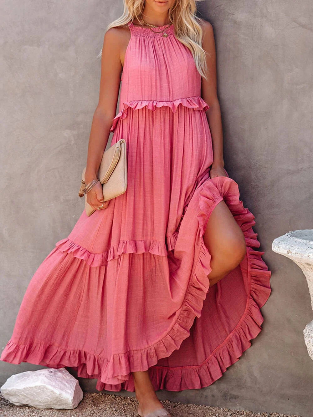 Veerle | Ruffle-Tiered Halter Maxi Dress with High-Low Hem