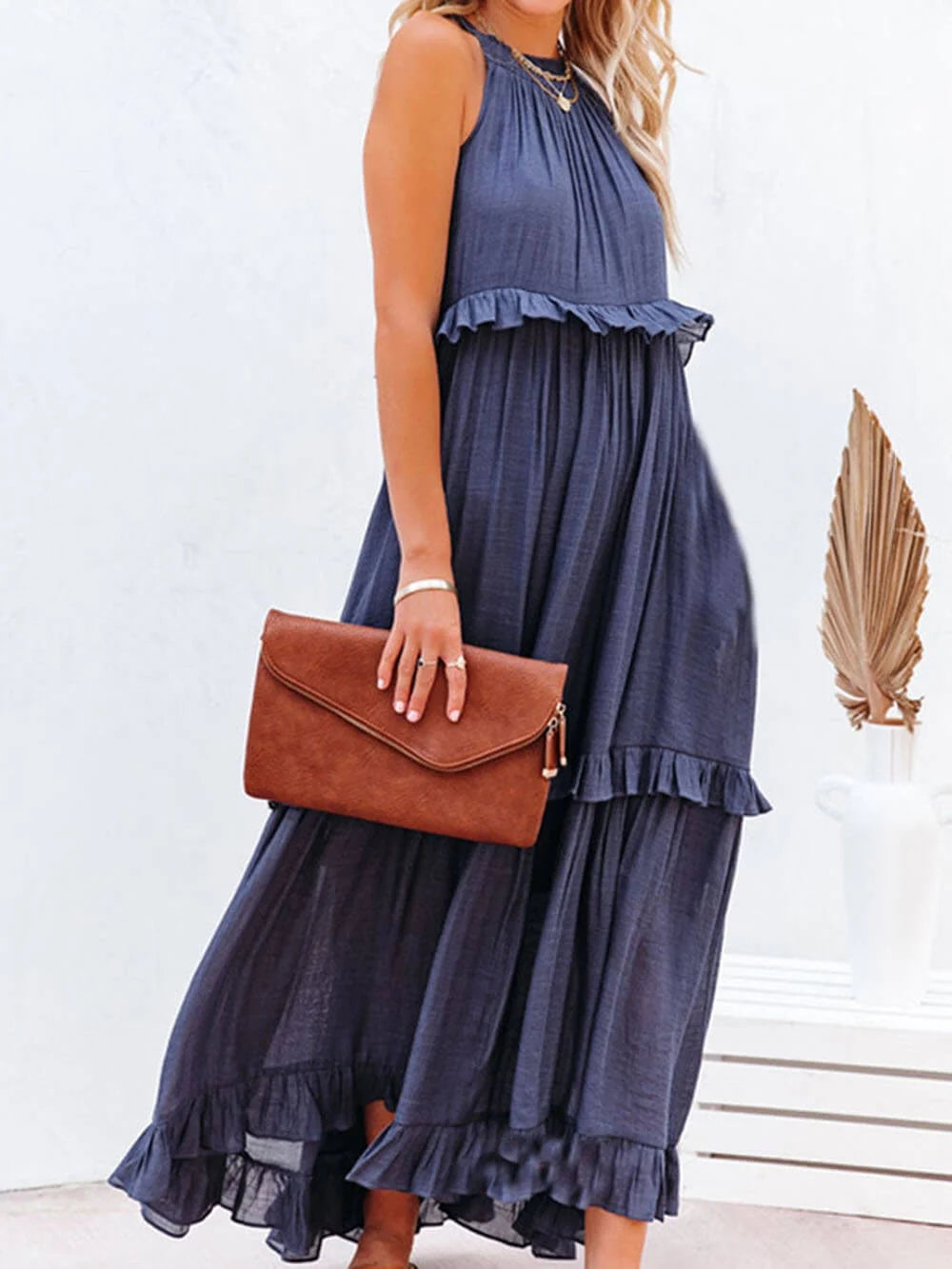 Veerle | Ruffle-Tiered Halter Maxi Dress with High-Low Hem