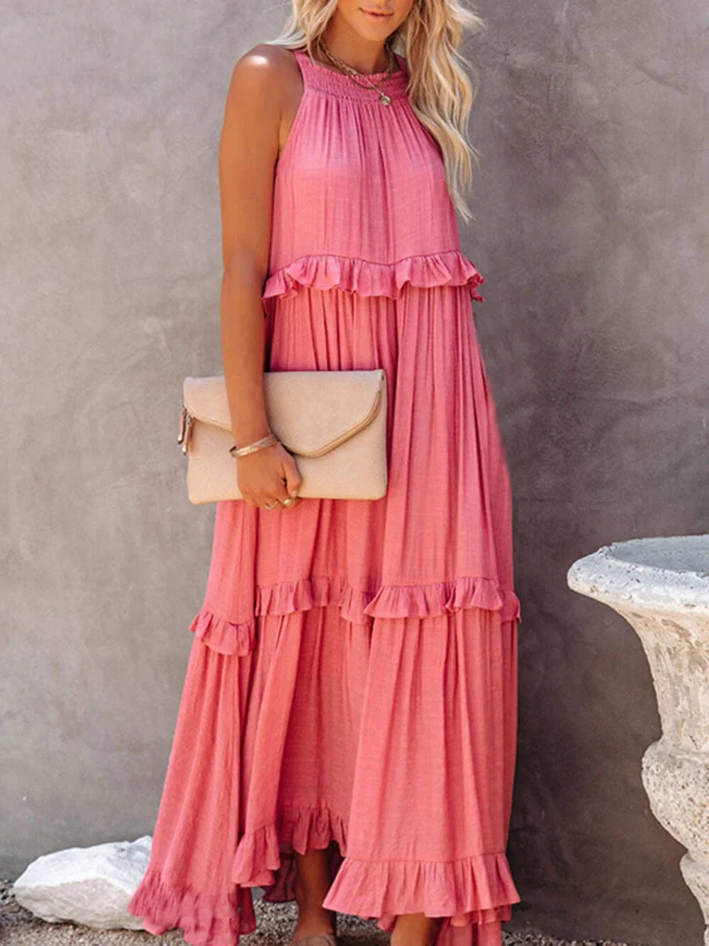 Veerle | Ruffle-Tiered Halter Maxi Dress with High-Low Hem
