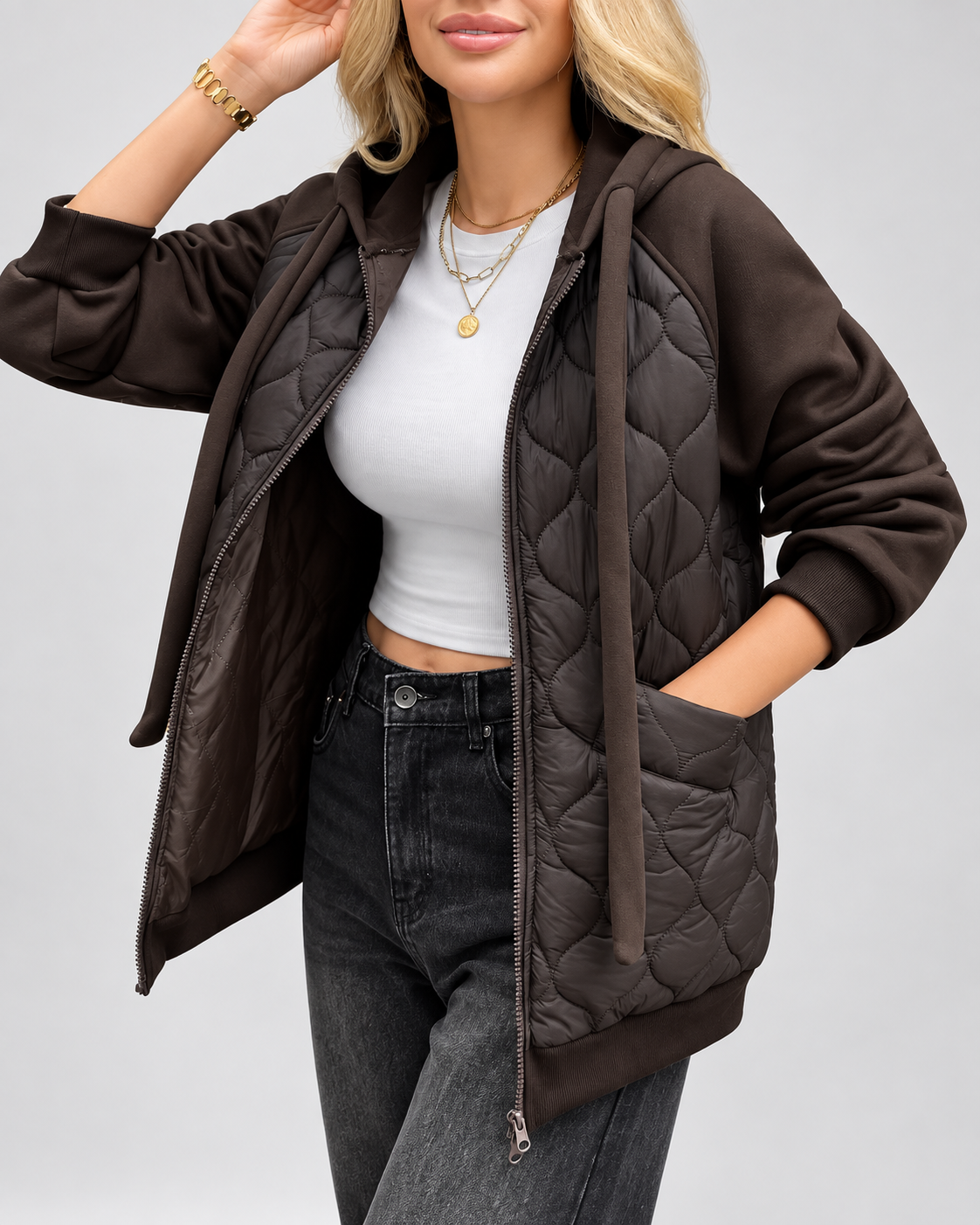 Elna | Quilted Fleece-Hood Zip-Front Jacket for Women