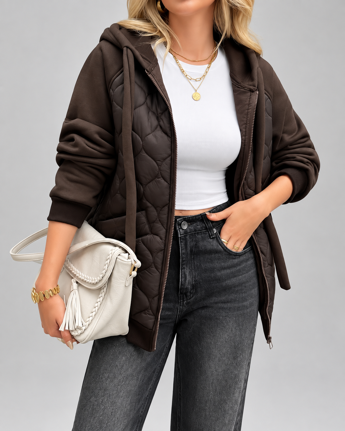 Elna | Quilted Fleece-Hood Zip-Front Jacket for Women