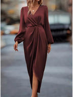 Kristin | Wrap Draped Satin Midi Dress with V-Neck for Women
