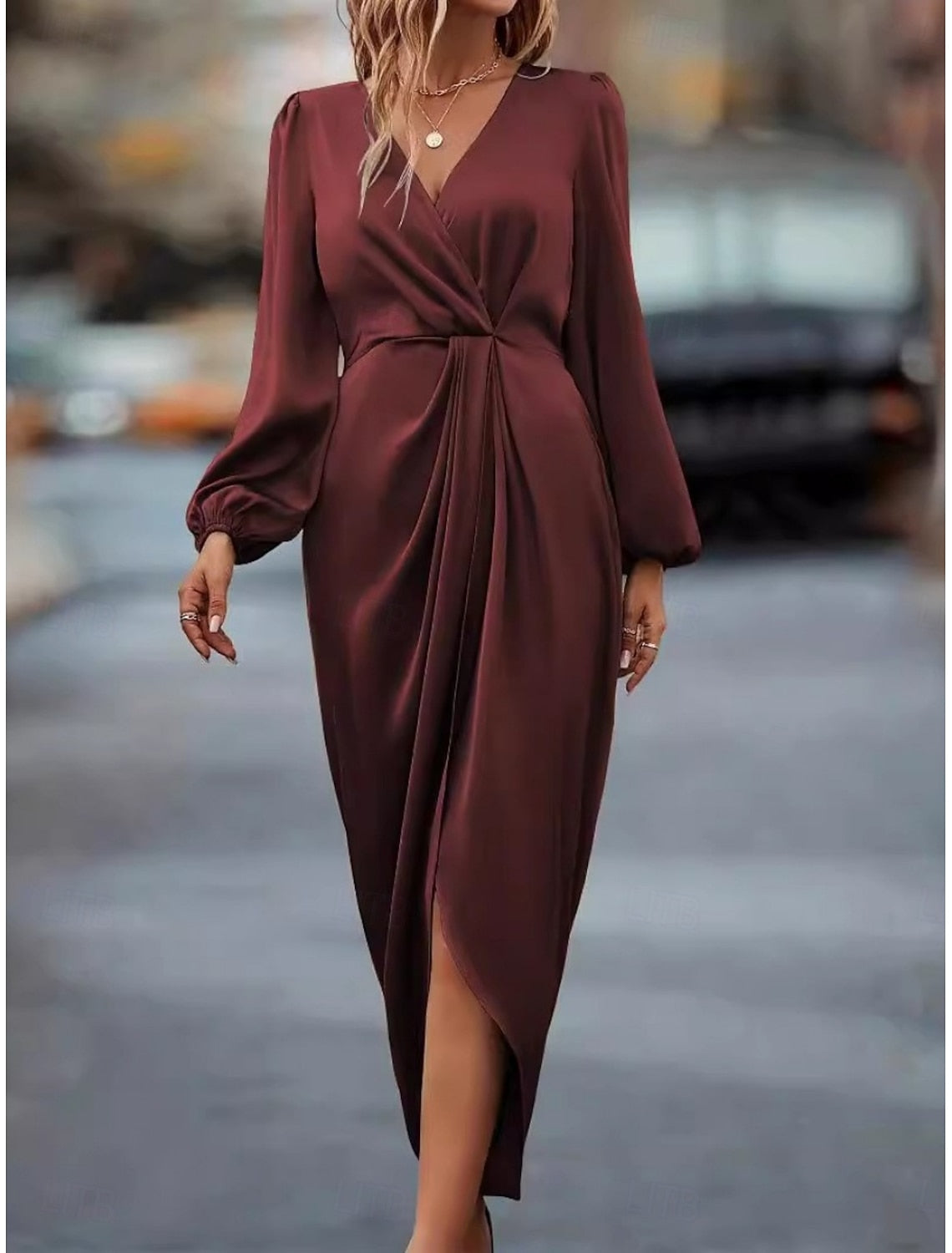 Kristin | Wrap Draped Satin Midi Dress with V-Neck for Women