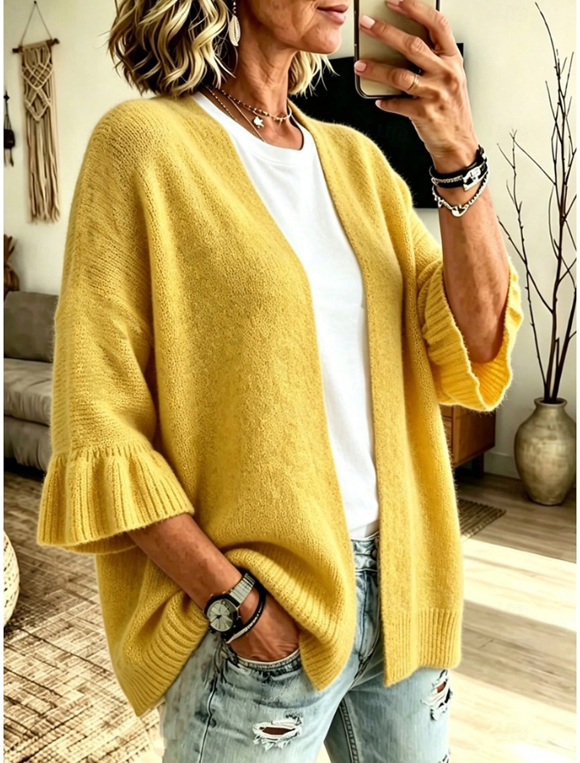 Franziska | Ribbed Open-Front Ruffle-Sleeve Cardigan for Women